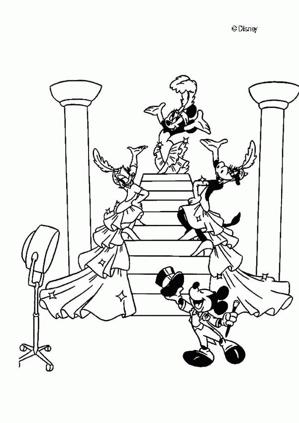 Mickey z przyjaciółmi na schodach - kolorowanka Myszka Mickey i przyjaciele na wielkich schodach - kolorowanka