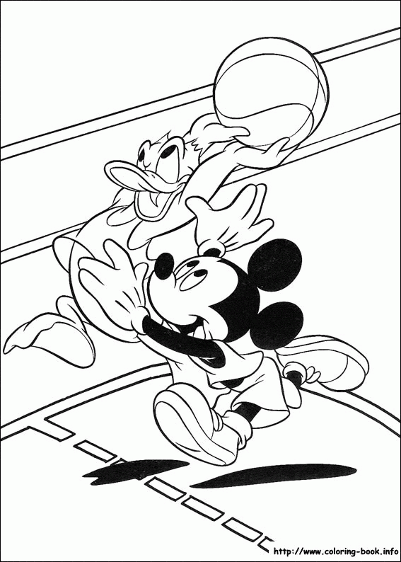 Donald i Mickey grają w koszykówkę - kolorowanka Kaczor Donald z piłką nad Myszką Mickey - kolorowanka