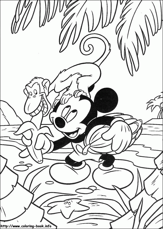 Mickey i małpka w dżungli - kolorowanka Myszka Mickey rozmawia z małpką na gałęzi - kolorowanka