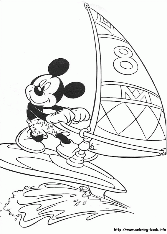 Mickey na desce z żaglem - kolorowanka Myszka Mickey na windsurfingu - kolorowanka do druku