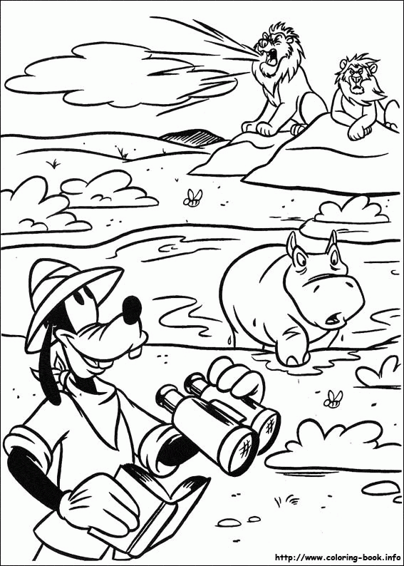 Goofy z lornetką i hipopotam - kolorowanka Goofy obserwuje hipopotama przez lornetkę - kolorowanka