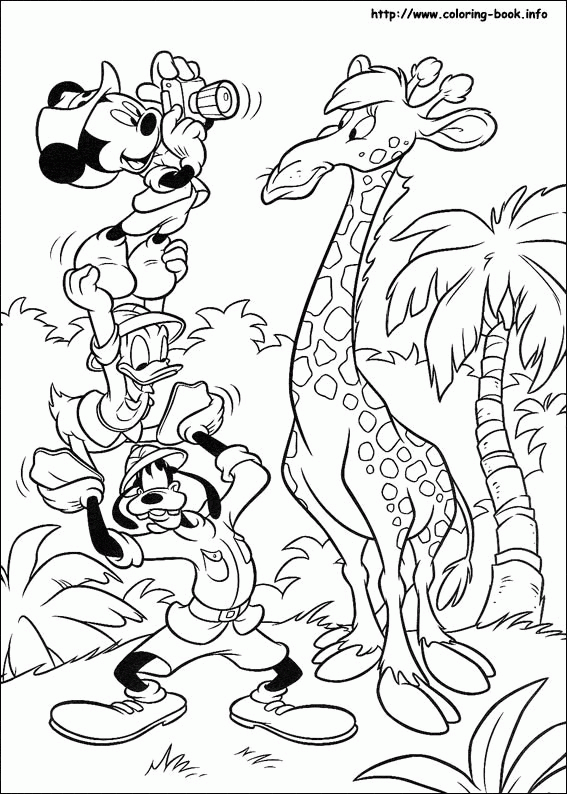 Mickey obserwuje żyrafę - kolorowanka Myszka Mickey z lornetką, Goofy i żyrafa - kolorowanka