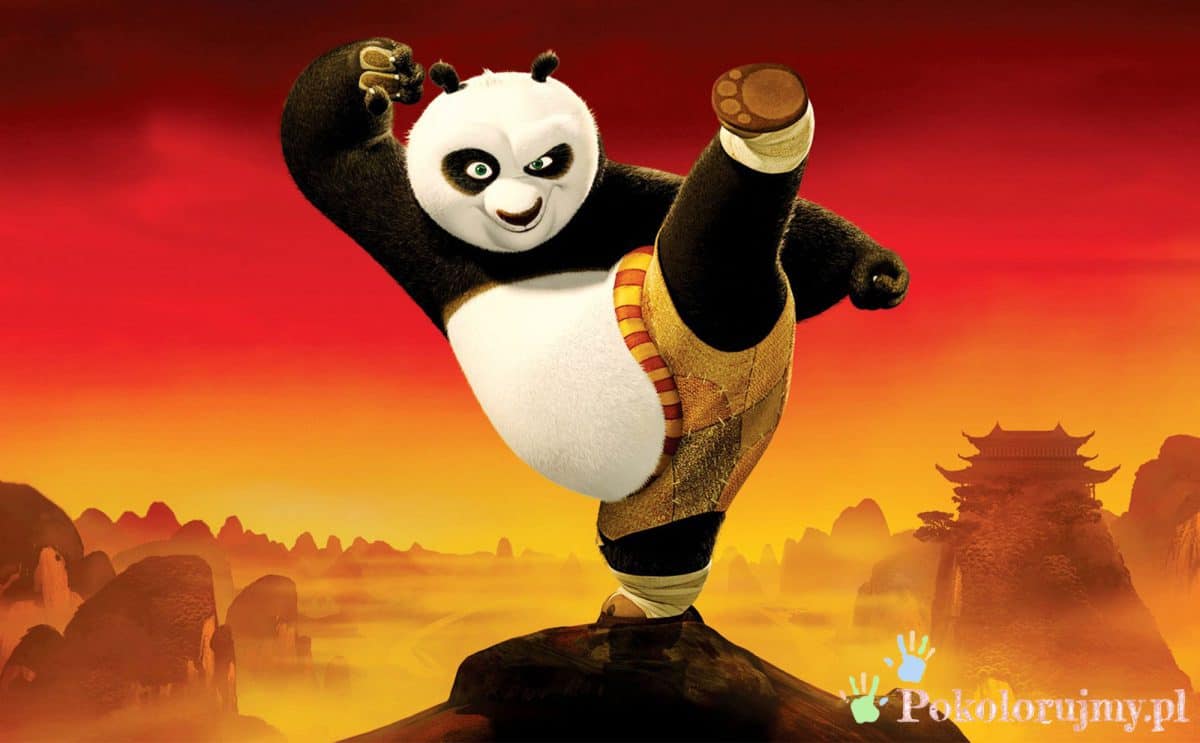 Po z Kung Fu Panda wykonujący kopnięcie na tle gór