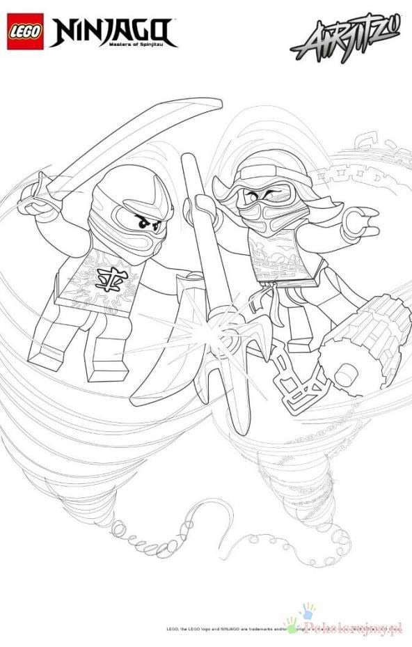 Pojedynek ninja - LEGO Ninjago Dwóch zamaskowanych wojowników LEGO Ninjago w pojedynku - kolorowanka
