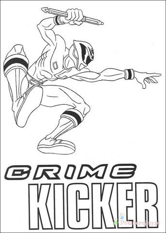 Crime Kicker - Power Ranger w wyskoku Power Ranger wykonujący kopnięcie w wyskoku nad napisem Crime Kicker - kolorowanka