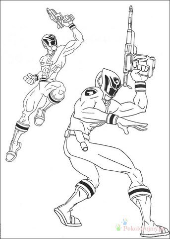 Dwaj Power Rangers w dynamicznej walce Dwaj Power Rangers w ruchu, jeden z blasterem - kolorowanka