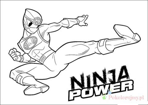Ninja Power - wojownik w wyskoku Zamaskowany wojownik Ninja Power wykonujący kopnięcie w wyskoku - kolorowanka
