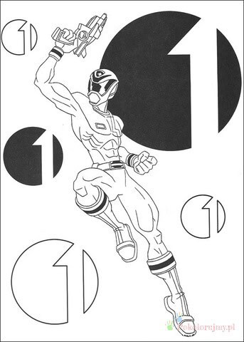 Power Ranger w dynamicznej pozie z symbolami Power Ranger w ruchu na tle dużych geometrycznych symboli - kolorowanka