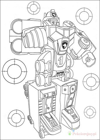 Robot Power Rangers z mechanicznymi detalami Mechaniczny robot Power Rangers z szerokimi ramionami i okrągłymi elementami tła - kolorowanka