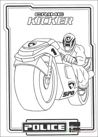 Motocykl Power Rangers S.P.D. - Crime Kicker Ranger na futurystycznym motocyklu S.P.D. z napisami Crime Kicker i Police - kolorowanka