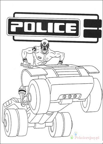 Policyjny quad Power Rangers S.P.D. Ranger jadący policyjnym quadem z dużym napisem POLICE - kolorowanka