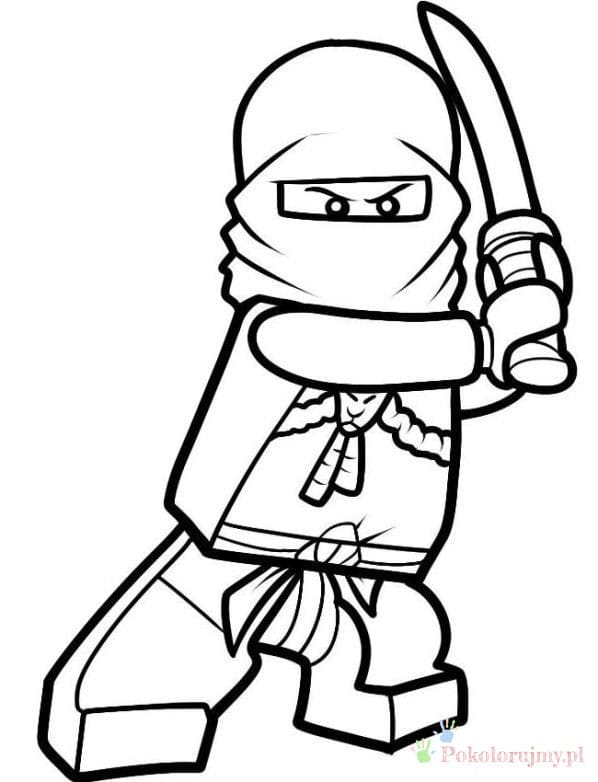 Ninja z kataną - prosta kolorowanka Prosty ninja LEGO z kataną trzymaną przy ramieniu - kolorowanka