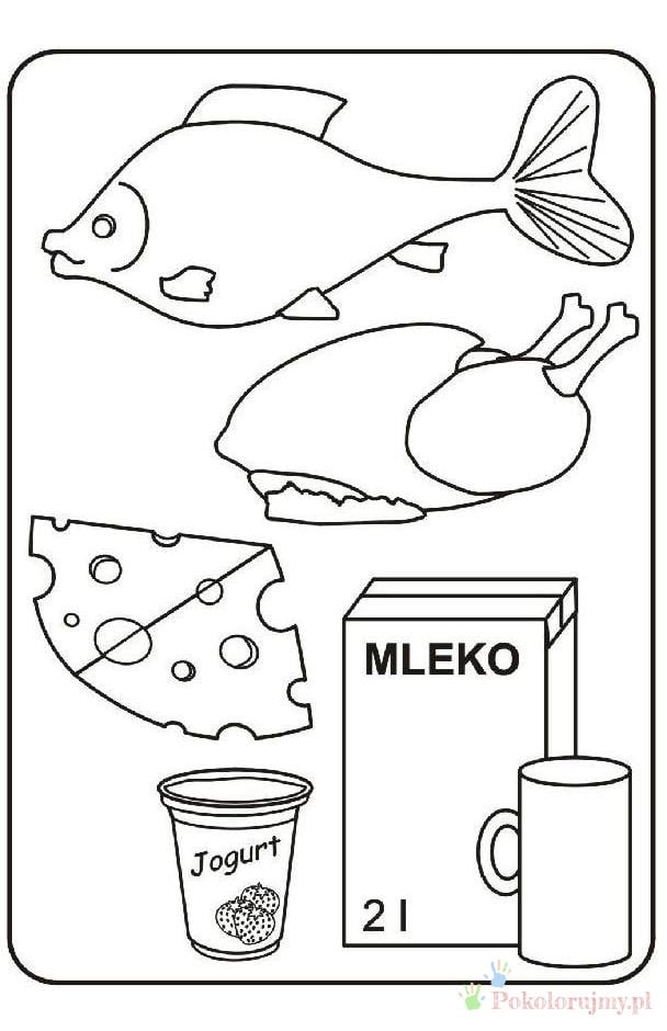 Ryba, kurczak i nabiał Ryba, kurczak, ser, mleko i jogurt - kolorowanka
