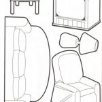 Szablony mebli do kolorowania: sofa, telewizor, stolik, fotel.