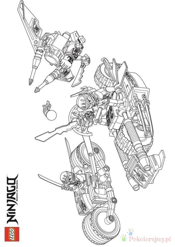 Trzy maszyny LEGO Ninjago - kolorowanka Samolot, motocykl i opancerzony pojazd LEGO Ninjago - kolorowanka