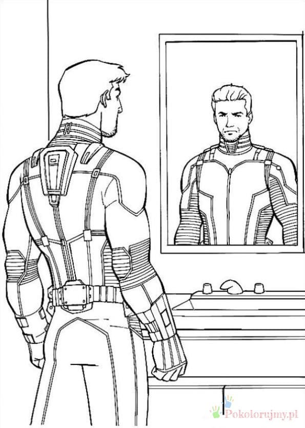 Scott Lang przed lustrem w stroju Ant-Mana Scott Lang stojący przed lustrem w stroju Ant-Mana - kolorowanka