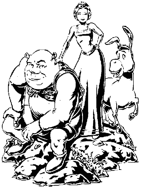 Shrek, Fiona i Osioł - kolorowanka Shrek, Fiona i Osioł razem - kolorowanka do druku