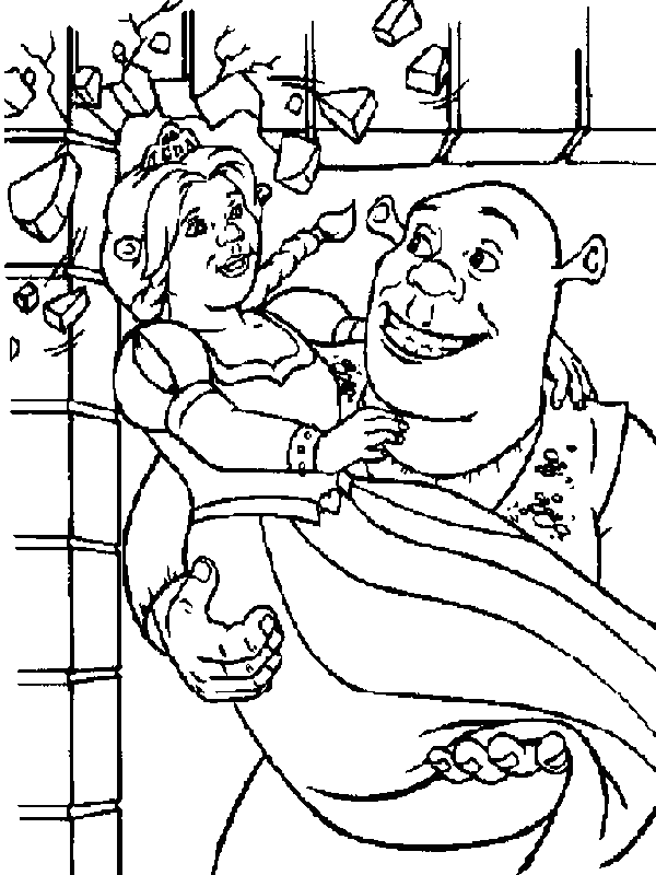 Shrek niesie Fionę - kolorowanka Shrek niesie Fionę na rękach - kolorowanka