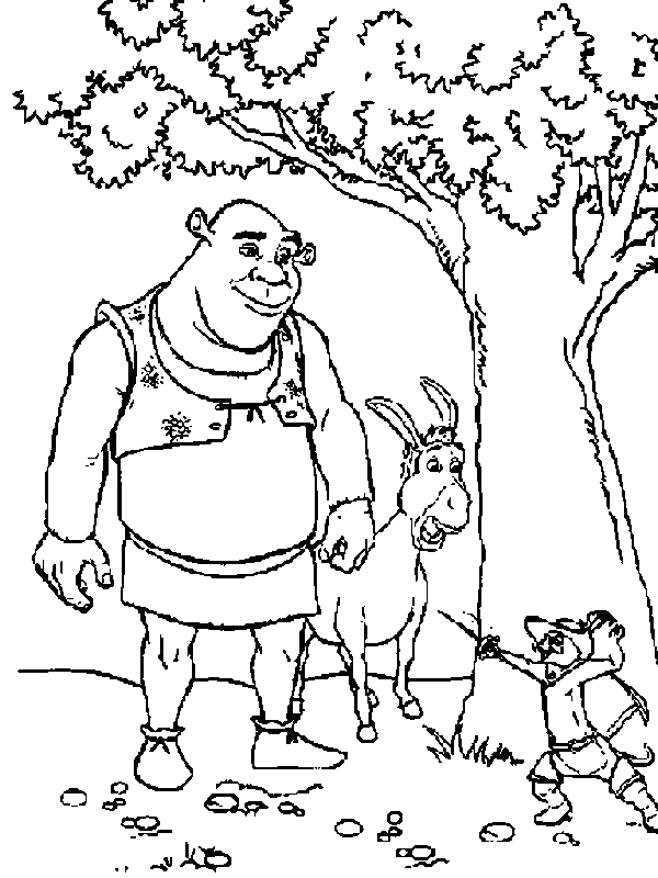 Shrek, Osioł i Kot w Butach - kolorowanka Shrek, Osioł i Kot w Butach pod drzewem - kolorowanka