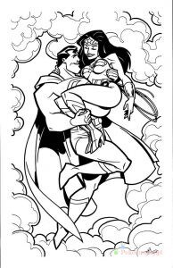 Superman i Wonder Woman w chmurach – kolorowanka Superman i Wonder Woman w chmurach - kolorowanka do druku
