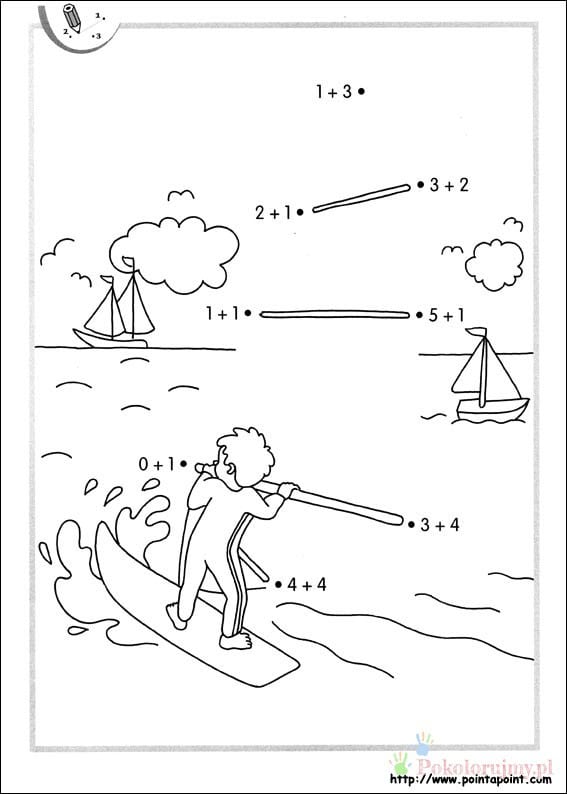 Surfing i matematyka - kolorowanka Surfer na fali i działania matematyczne - kolorowanka