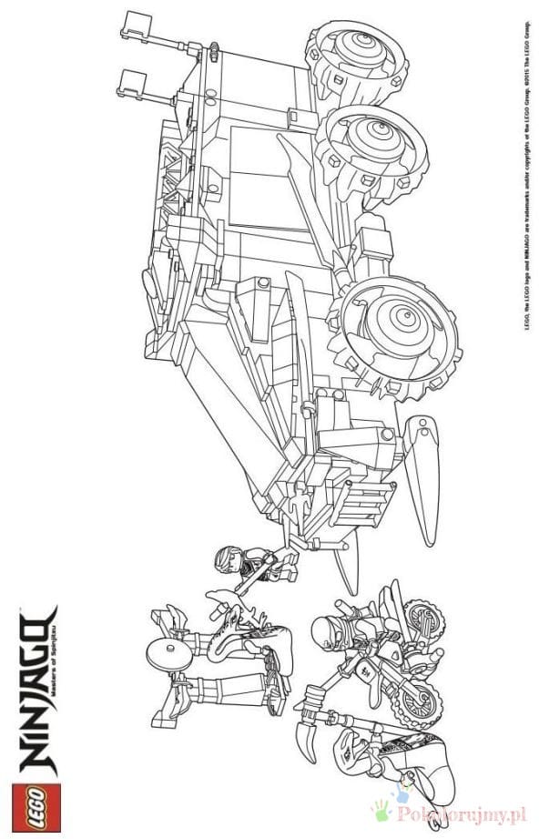 Sześciokołowy pojazd LEGO Ninjago Duży sześciokołowy pojazd LEGO Ninjago z trzema postaciami - kolorowanka