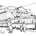 Dzieci i dorośli na stacji tramwajowej, kolorowanka do druku.