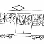 Prosta czarno-biała ilustracja tramwaju z pasażerami do kolorowania.