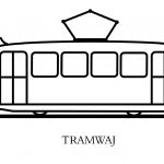 Prosta czarno-biała ilustracja tramwaju dla dzieci do kolorowania.