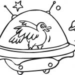 UFO z ptakiem i gwiazdami do kolorowania dla dzieci.