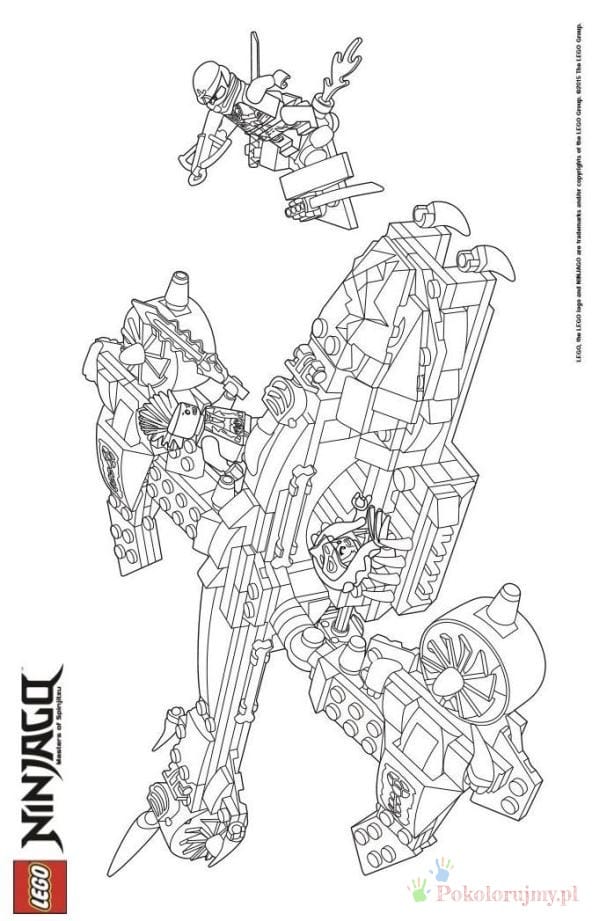 Mech i ninja w skoku - kolorowanka Ninjago Wielki mech LEGO Ninjago i ninja skaczący nad maszyną - kolorowanka