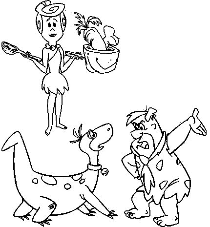 Fred, Wilma i Dino - kolorowanka Wilma, Fred i Dino w domowej scenie - kolorowanka