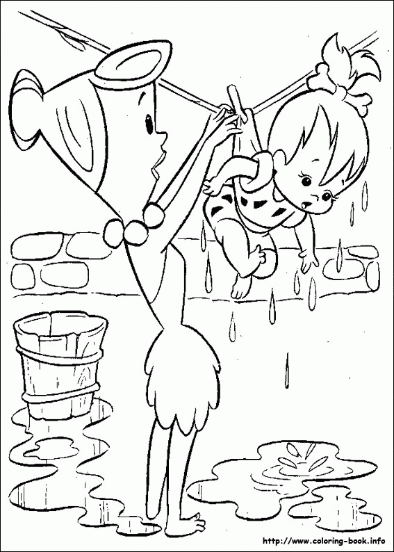 Wilma, Pebbles i mop - kolorowanka Wilma sprząta podłogę, a Pebbles jest obok - kolorowanka