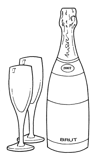 Wino musujące i kieliszki - kolorowanka Butelka wina musującego Brut i dwa kieliszki - kolorowanka