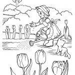 Dziecko podlewa tulipany w ogrodzie, kolorowanka do druku dla dzieci.