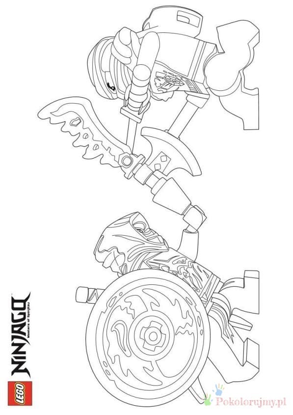 Pojazd z wielkim kołem - kolorowanka Ninjago Wojownik z ostrzem nad pojazdem z wielkim kołem - kolorowanka LEGO Ninjago