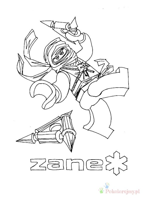 Zane i shuriken - kolorowanka Ninjago Zane z LEGO Ninjago ze shurikenem i symbolem lodu - kolorowanka