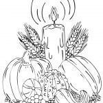 Ilustracja na temat zbiorów i jesieni, z dynią, świecą i zbożami.