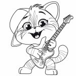 Kotek z gitarą do kolorowania dla dzieci, czarno-biała ilustracja.
