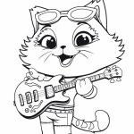 Kotek z gitarą i okularami do kolorowania dla dzieci.