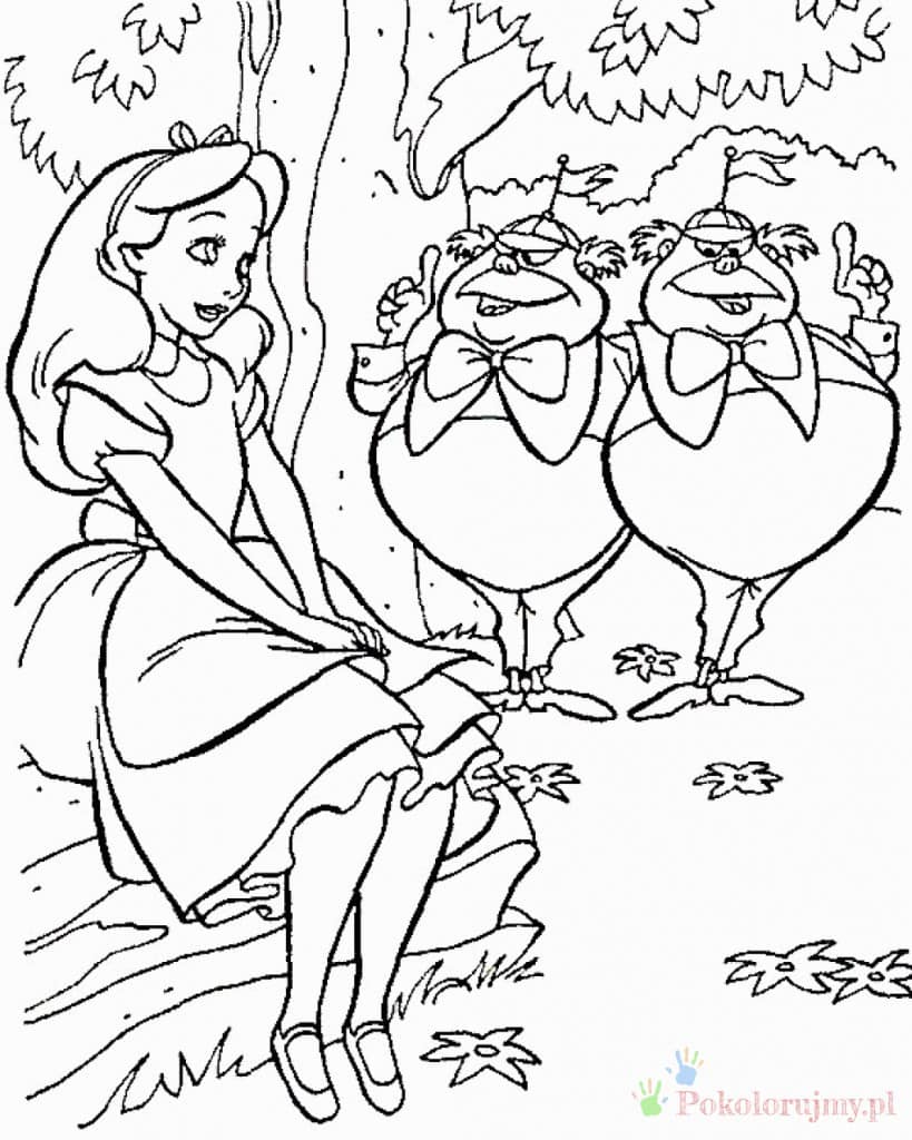 Alicja, Tweedledee i Tweedledum - kolorowanka Alicja z Tweedledee i Tweedledum pod drzewem - kolorowanka