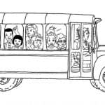 Dzieci w autobusie szkolnym, kolorowanka do druku.