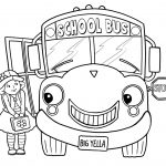 Kolorowanka autobusu szkolnego z uśmiechniętą twarzą i dziewczynką czekającą na autobus.