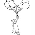 Dziecko trzyma balony na sznurku, czarno-biała ilustracja do kolorowania.