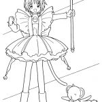 Kolorowanka Cardcaptor Sakura z magiczną różdżką i kotem.