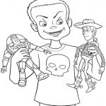 Kolorowanka Chudy z Toy Story z dwoma postaciami i czaszką na koszulce.