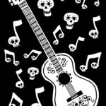 Czarno-biała kolorowanka gitara z czaszkami i nutami dla dzieci.