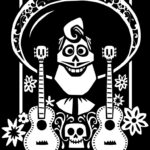 Kolorowanka z motywem Dia de los Muertos i gitarami dla dzieci.