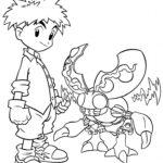 Kolorowanka Digimon i chłopiec do wydruku dla dzieci.
