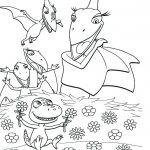 Dinozaury do kolorowania, w tym pterodaktyl, tyranozaur i mały dinozaur z kwiatami.